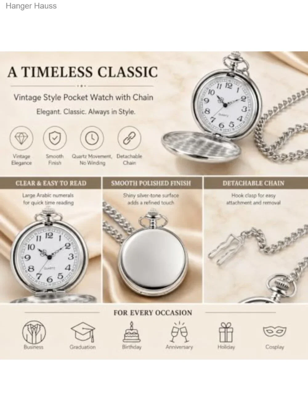 Vintage 1920s Inspired Smooth Pocket Watch with Chain - Quartz Analog for Men